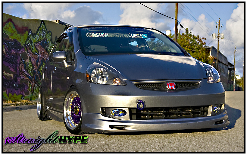 Grey Honda Fit on Purple BBS RS with Gold Hardware