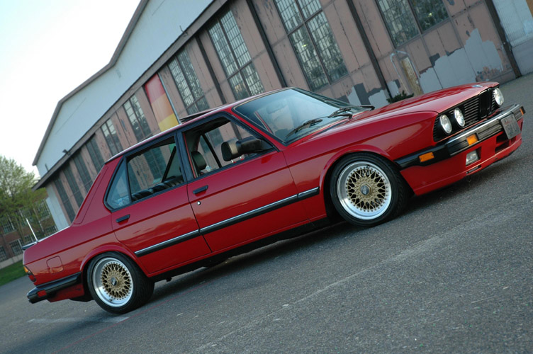 Red BMW 535is E28 on 16" Gold BBS RS