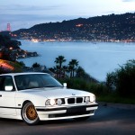 White BMW e34 Sedan on Gold Face BBS RC